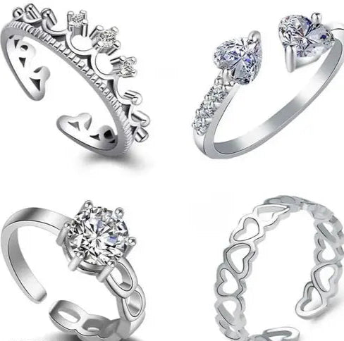 CZ Jewellery Combo of 4 Graceful Rhodium Plated adjustable Finger Rings Designed for Girls and Women CO1000060