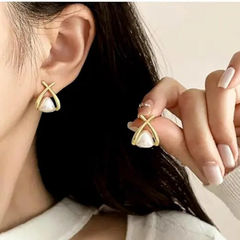 Gold Plated Korean Earrings Pearl Stud For Women