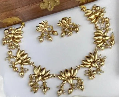 Lotus Motif Gold Necklace Set | Women's Designer Necklace with Earrings | Unique Traditional Jewellery Set | Fancy Necklace for Dresses | New Jewellery Collection