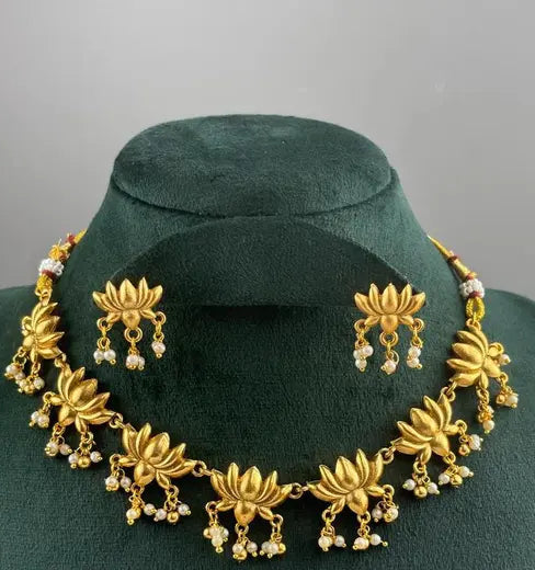 Lotus Motif Gold Necklace Set | Women's Designer Necklace with Earrings | Unique Traditional Jewellery Set | Fancy Necklace for Dresses | New Jewellery Collection