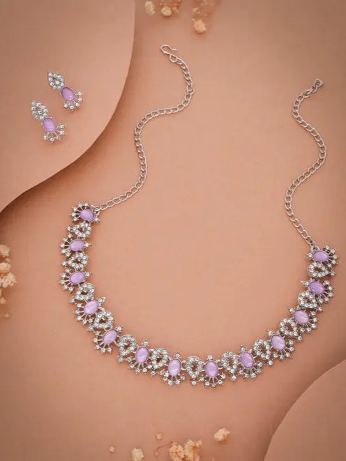 Lyriss Jewellery Silver Plated Lavender Choker Necklace with Matching Earrings | Elegant Jewellery Set for Women