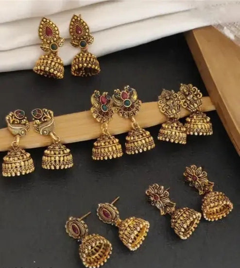 Gold Earrings for Women (Pack of 6) | Gold Plated Fancy Earring | South Indian Jhumka earrings | Traditional Jewellery Ethnic Earrings