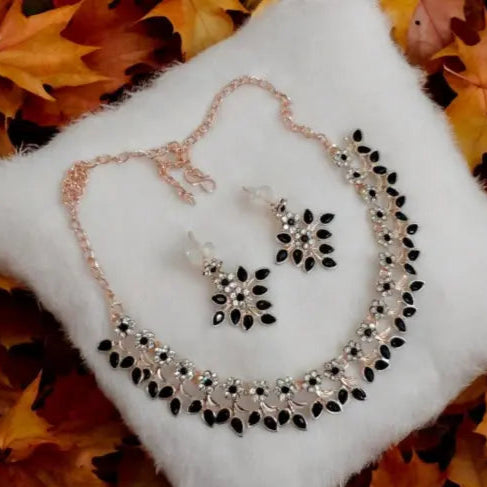 Rose Gold Plated Jewellery Set With Black Kundan