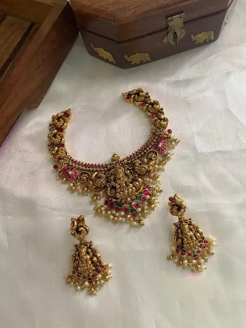 Antique Gold Lakshmi Temple Necklace with Pearl Drops | Traditional Bridal Choker for Women | South Indian Jewelry