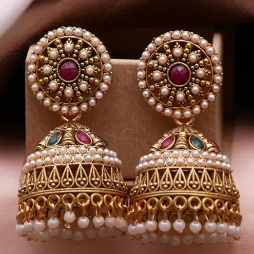 ANTICO Traditional Jewellery Ethnic Fancy Pearl Studded Gold Platted Oxidised Jhumka Earrings for Girls and Women.