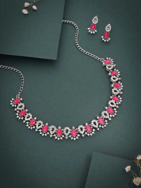 Lyriss Jewellery Silver Plated Lavender Choker Necklace with Matching Earrings | Elegant Jewellery Set for Women