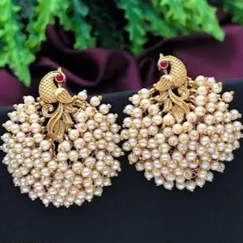 WHITE PEARLS PEACOCK STUDS Breathtaking Peacock Bunch Earrings for Timeless Glamour - Temple Matte Gold Plated Cluster Pearl Golden Peacock Studs Peacock Designer Pearls Earrings Set for Women And Girls Brass Stud Earring