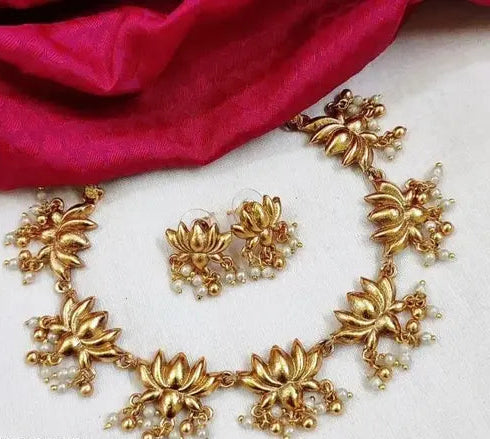 Lotus Motif Gold Necklace Set | Women's Designer Necklace with Earrings | Unique Traditional Jewellery Set | Fancy Necklace for Dresses | New Jewellery Collection