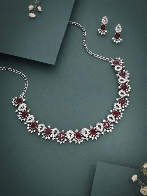 Lyriss Jewellery Silver Plated Lavender Choker Necklace with Matching Earrings | Elegant Jewellery Set for Women