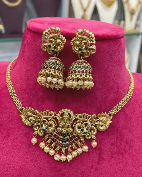 Shilpa creation's Gold Plated Traditional Neck Choker with Earrings Jewellery Set for Women and Girls II Lakshmi Goddess Traditional Jewellry With Jhumka Earring's II Temple Jewellry Set II Traditional Jewellry Set II