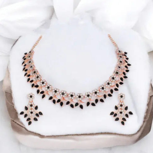 Rose Gold Plated Jewellery Set With Black Kundan