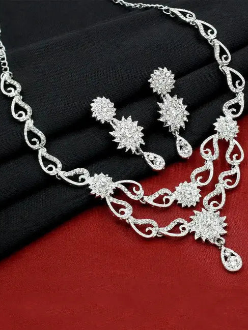 SAIYONI Glamrous Flower Design Silver Plated Austrian Diamond Choker Necklace Jewellery Set