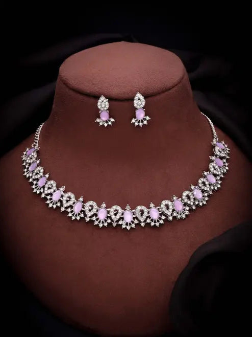 Lyriss Jewellery Silver Plated Lavender Choker Necklace with Matching Earrings | Elegant Jewellery Set for Women
