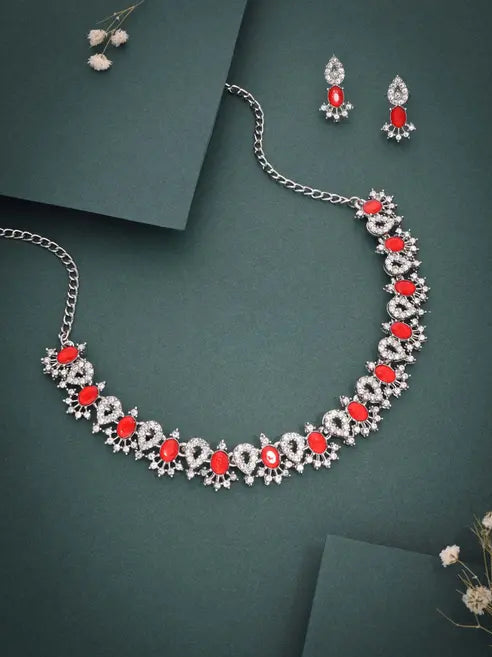 Lyriss Jewellery Silver Plated Lavender Choker Necklace with Matching Earrings | Elegant Jewellery Set for Women