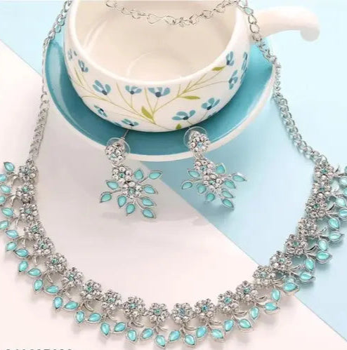 Silver Plated Necklace set with Sky Blue color Kundan Jewellery Sets