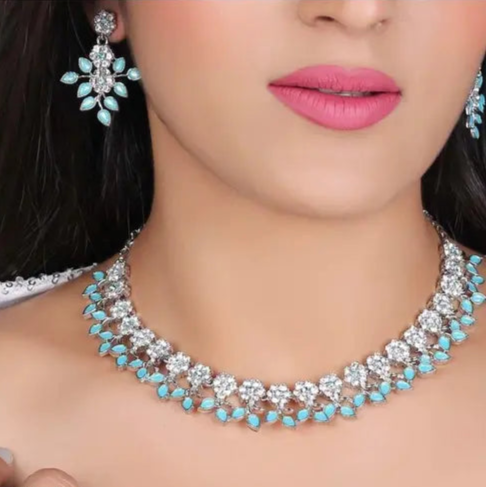 Silver Plated Necklace set with Sky Blue color Kundan Jewellery Sets