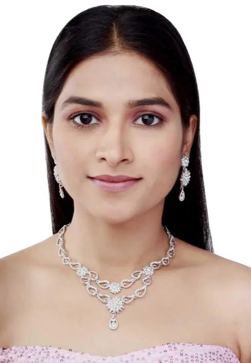 SAIYONI Glamrous Flower Design Silver Plated Austrian Diamond Choker Necklace Jewellery Set