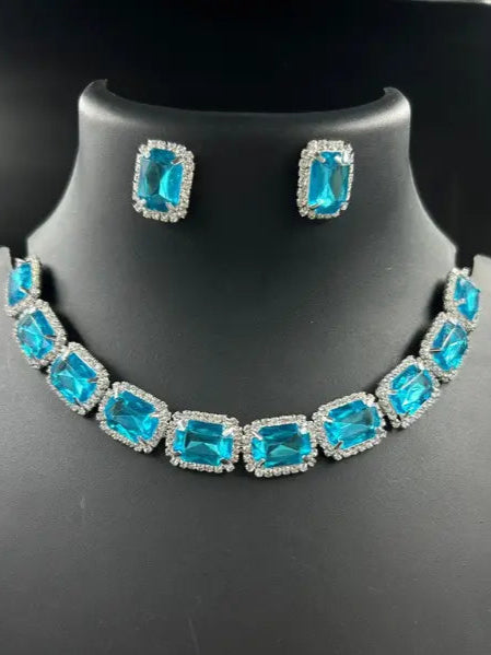 matel jewellery fancy squre shape nacklace with earring(sky blue)