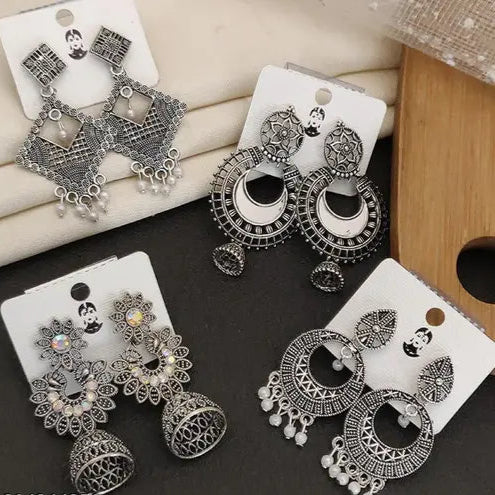 Combo of 4 Pair New Latest Design Drop &amp; Dangles Hoop Jhumki Oxidised Silver Earrings for women/girls