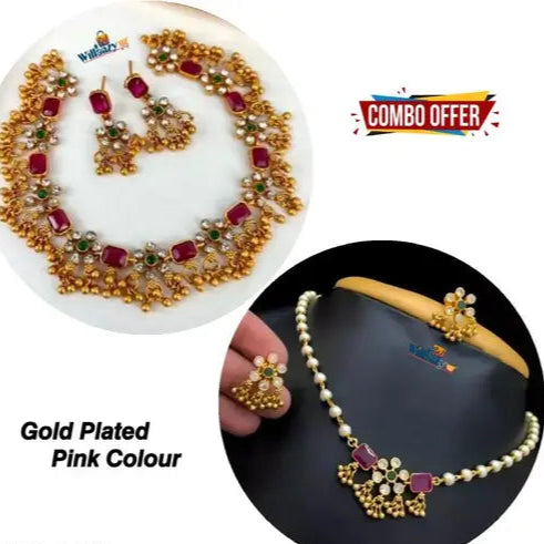 Beautiful COMBO jewellery(Gold Plated Green-Pink Diamond),choker,necklace,jewellery set,indian wedding jewellery set,Maangalyam/Murukku,south,indian,maharastrian,highquality set for women girls
