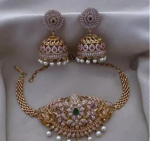 PREMIUM QUALITY CZ MATTE FINISH CHOKER JEWELLERY SET | AD CHOKER SET WITH JHUMKA