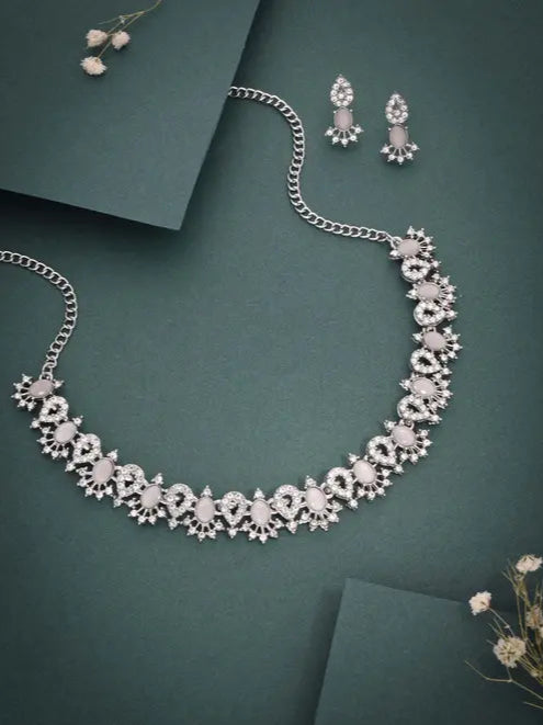 Lyriss Jewellery Silver Plated Lavender Choker Necklace with Matching Earrings | Elegant Jewellery Set for Women