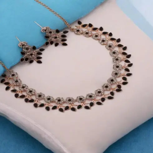 Rose Gold Plated Jewellery Set With Black Kundan