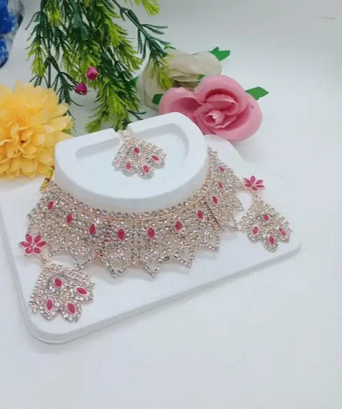 Exclusive Signature Collection Rose Gold Finish Premium Choker Party wear Necklace Set