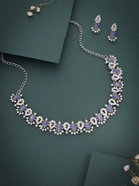 Lyriss Jewellery Silver Plated Lavender Choker Necklace with Matching Earrings | Elegant Jewellery Set for Women