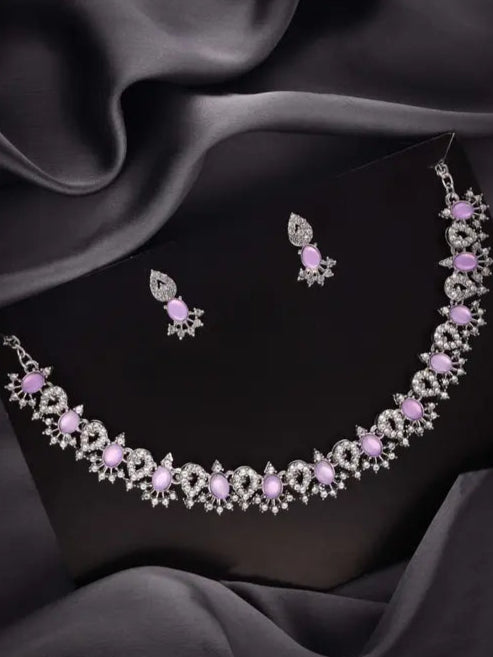 Lyriss Jewellery Silver Plated Lavender Choker Necklace with Matching Earrings | Elegant Jewellery Set for Women